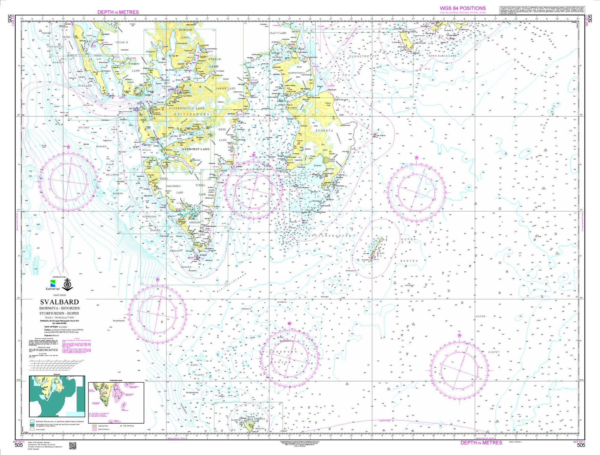 Svalbard. Bjørnøya - Isfjorden - Storfjorden - Hopen - 505 - Norway Kartverket Nautical Charts