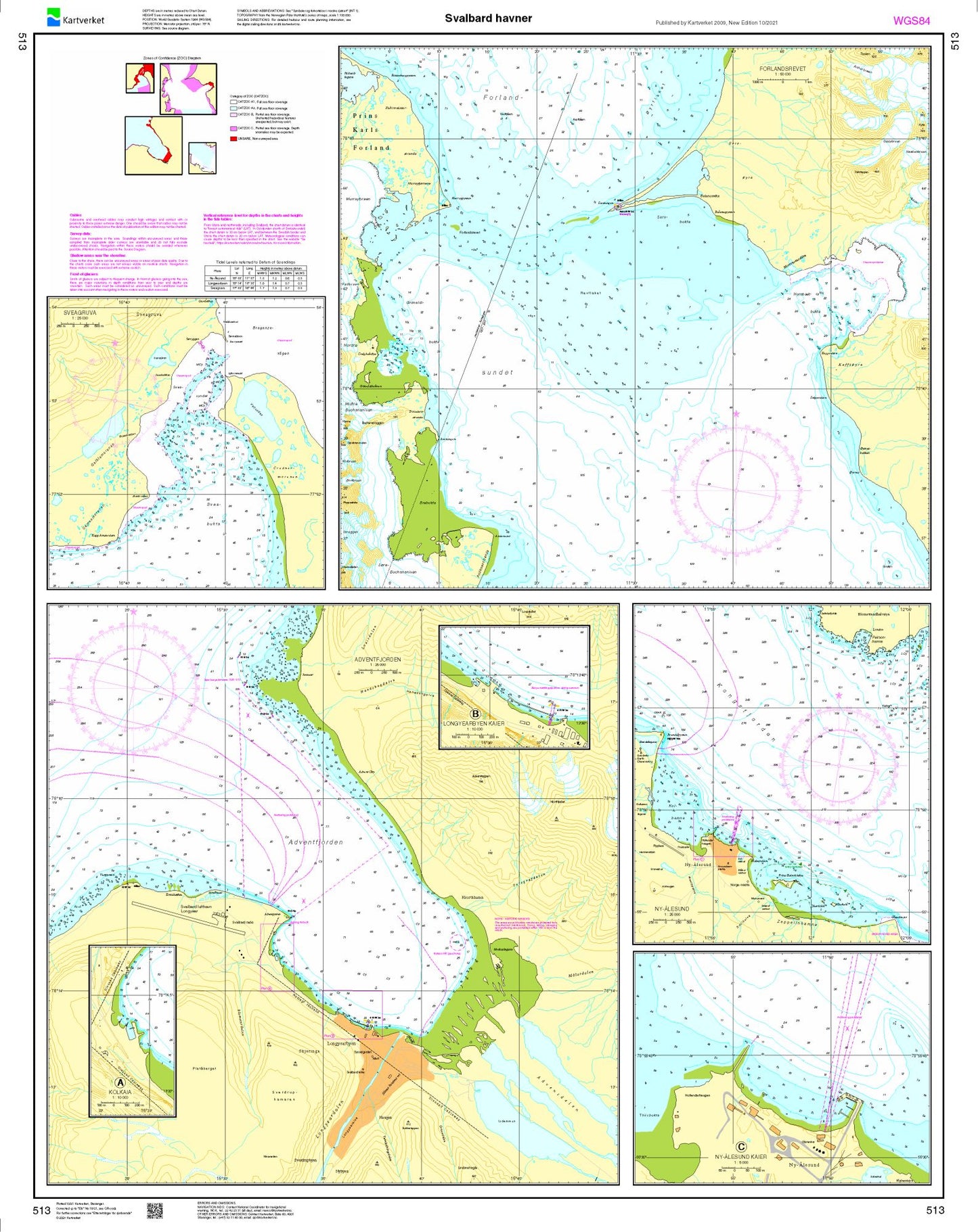Svalbard havner: Sveagruva, Forlandsrevet, Adventfjorden, Ny Ålesund - 513 - Norway Kartverket Nautical Charts